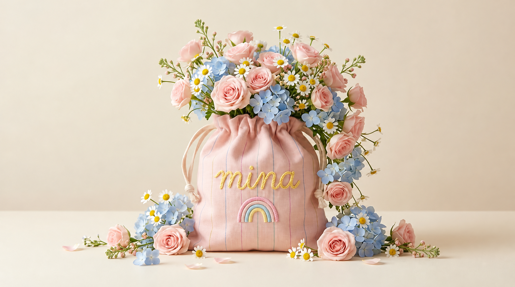 Pastel pink drawstring pouch with name and rainbow embroidery, filled with roses, daisies and blue flowers
